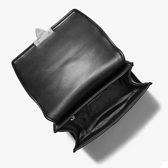 Michael Kors Serena Black Flap Med Crossbody Bag Quilted Leather Silver NWT $628 - Picture 2 of 6